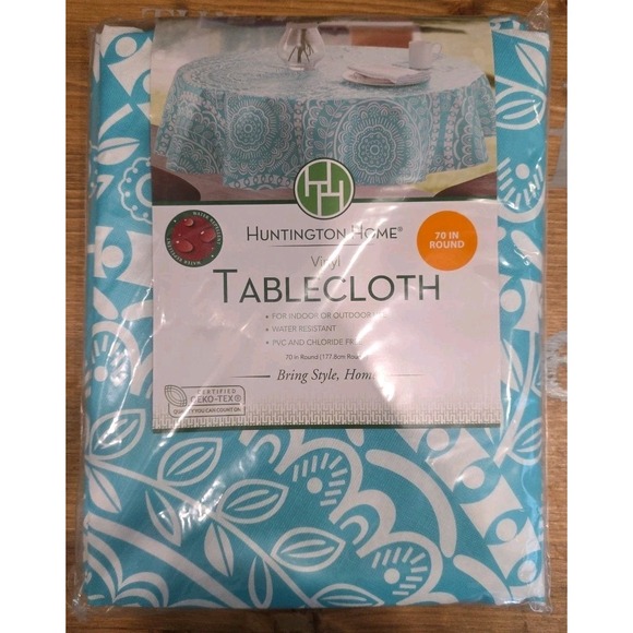 NEW 70 In Round Turquoise Vinyl Tablecloth Indoor/Outdoor Water Resistant - Picture 1 of 3